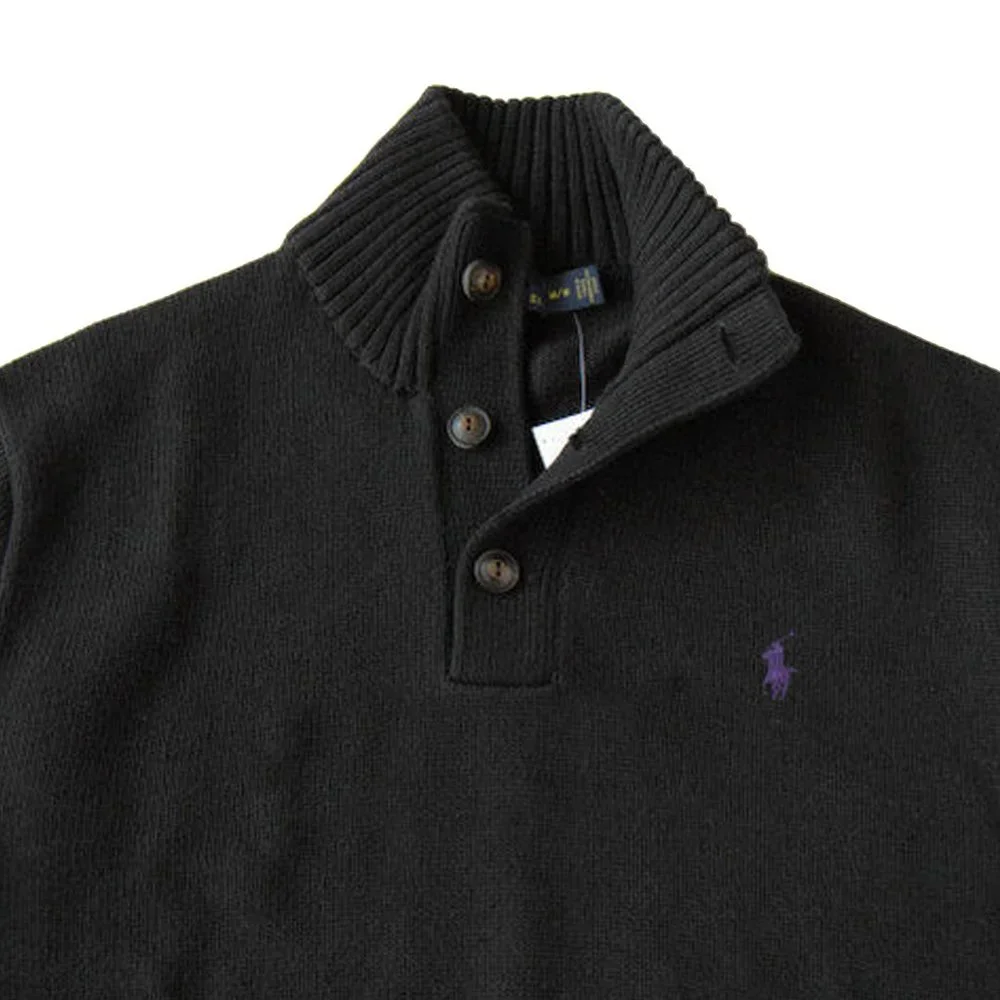 NEW Polo Ralph Lauren Mens Button Mockneck Sweater!  Black  Purple Polo Player